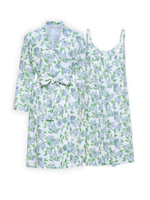 Load image into Gallery viewer, Hydrangea Pima Knit Bundle: Short Classic Robe + Short Pleated Slip Nightgown