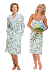 Hydrangea Pima Knit Bundle: Short Classic Robe + Short Pleated Slip Nightgown
