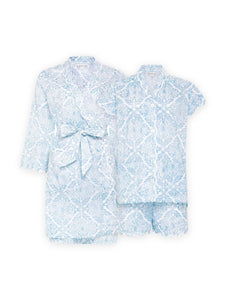 Ice Blue Filigree Bundle: Short Classic Robe + PJ with Shorts