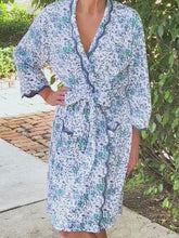 Load and play video in Gallery viewer, Blue Floral Pima Knit Short Classic Robe
