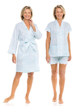 Load image into Gallery viewer, Ice Blue Filigree Bundle: Short Classic Robe + PJ with Shorts
