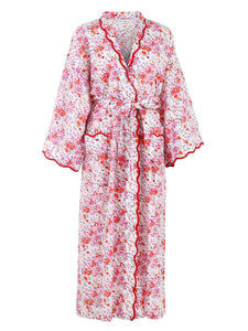 Pink Floral Kimono Robe with Scalloping