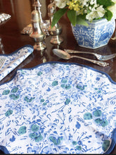 Load image into Gallery viewer, Blue Floral Block Print Scalloped Napkin and Placemat (Set of 4)
