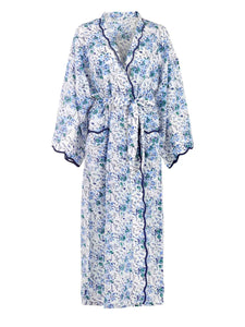 Blue Floral Print Kimono Robe with Scalloping