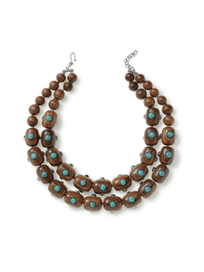 Two Strand Wood and Turquoise Necklace
